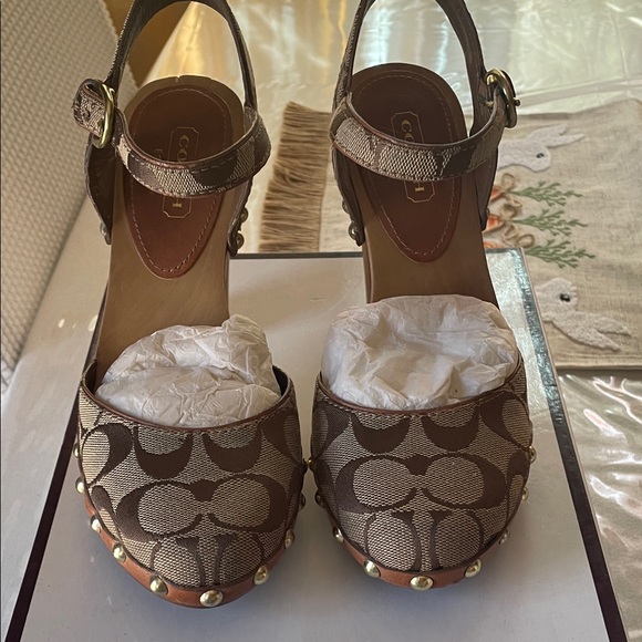 Coach Shoes - Coach Brown Signature Canvas Platform Clogs with Stud Trim